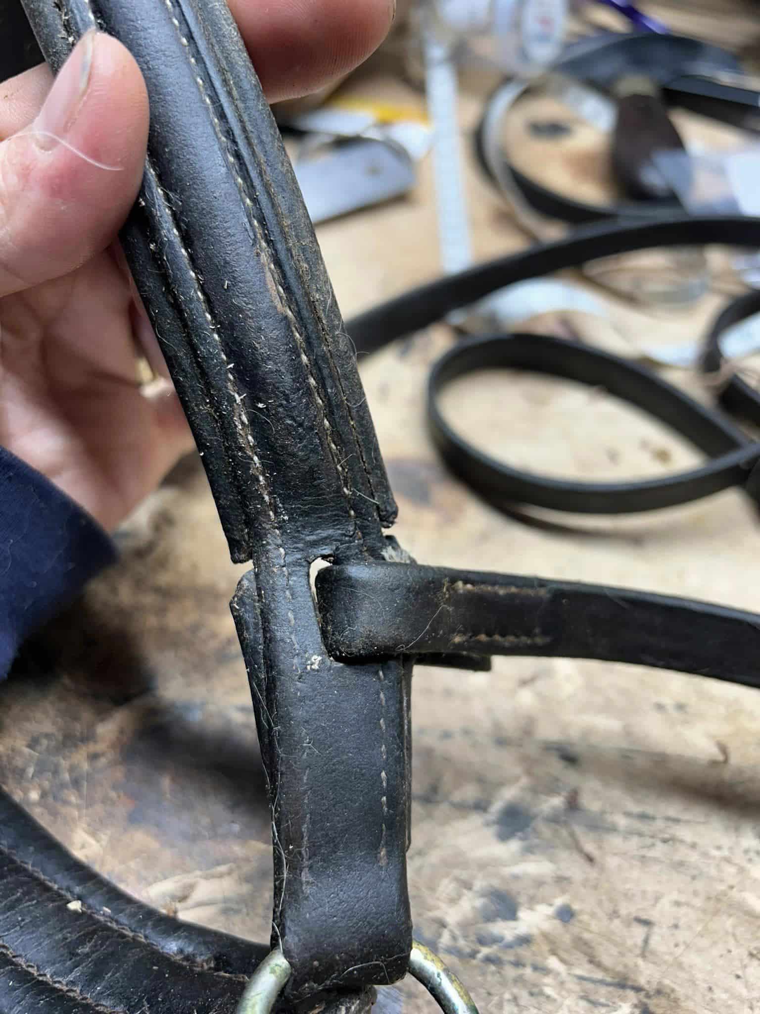 leather noseband for horse being repaired